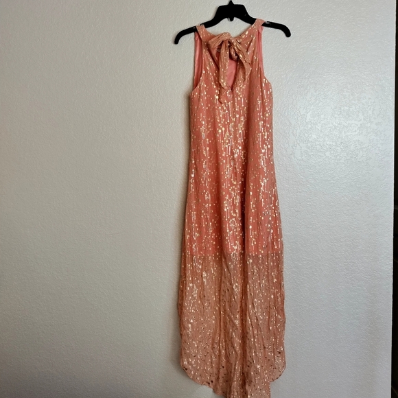 ERIN by Erin Fetherstone Coral & Gold Maxi Dress Hi-Low Hemline Sz 2 - Picture 8 of 12